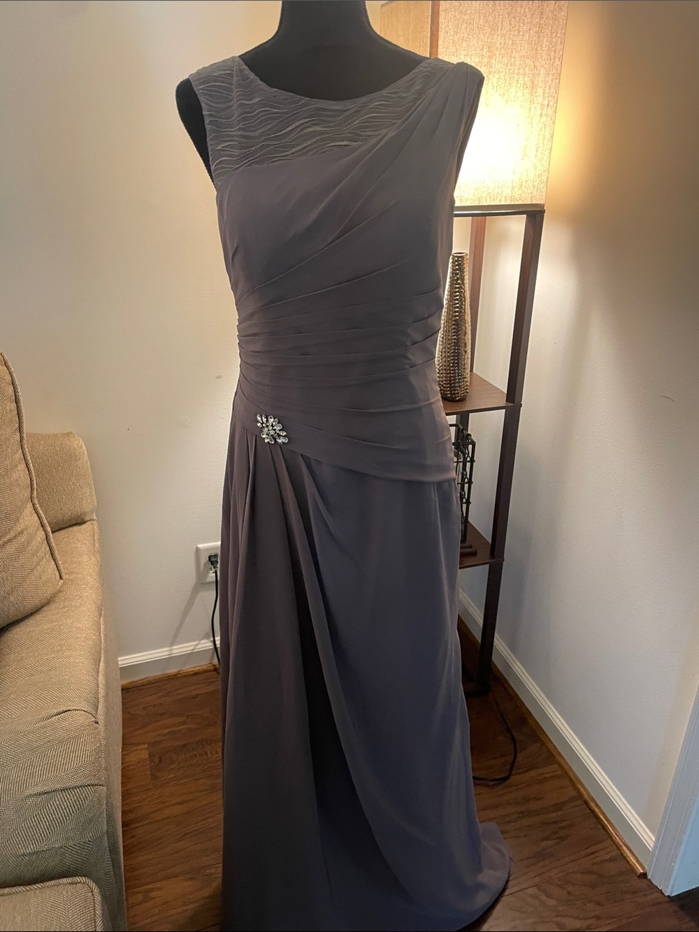 JJs House Slate Gray Sleeveless Chiffon Maxi with Brooch Accent